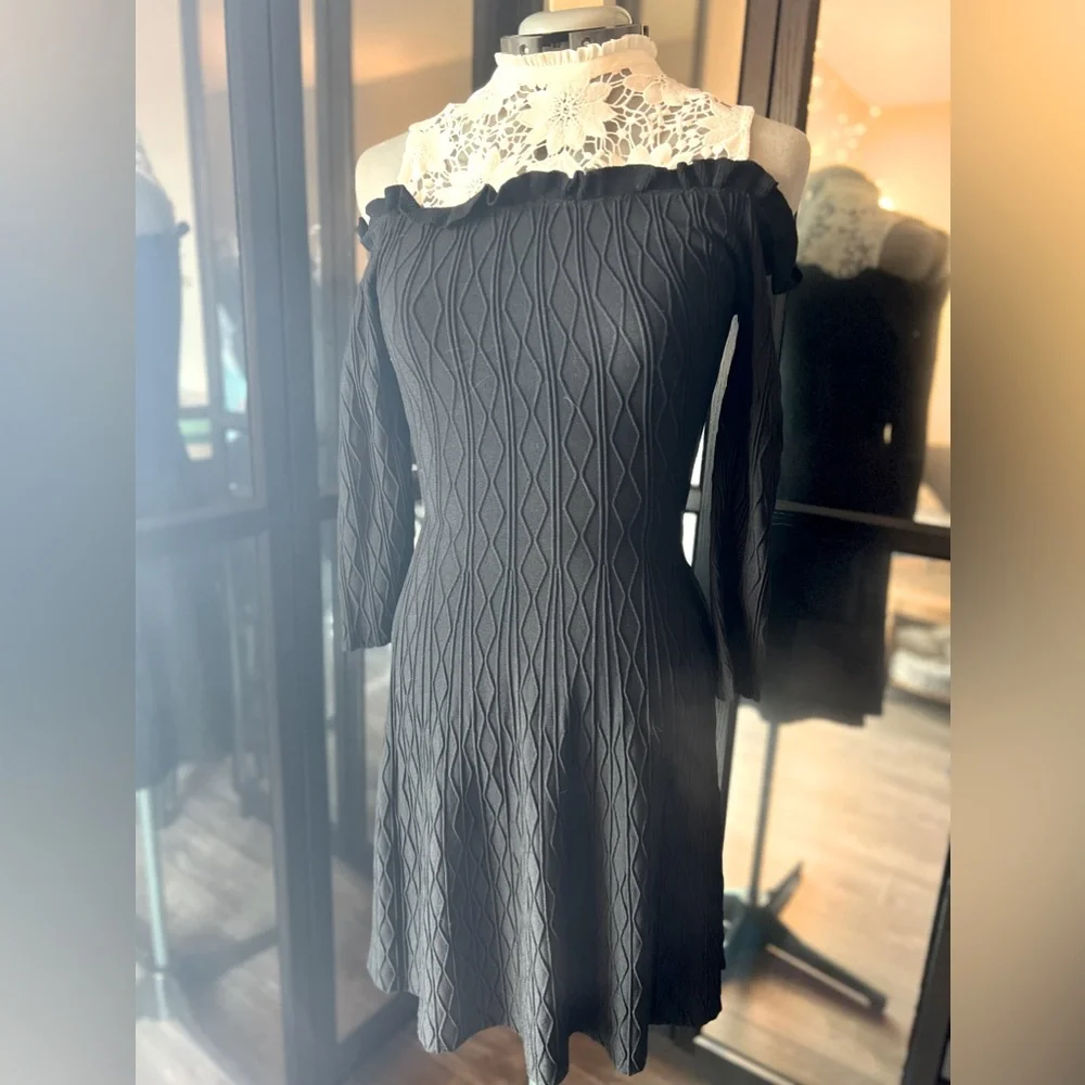 The Kooples lace collar compression knit romantic cold shoulder mini dress - Picture 1 of 16